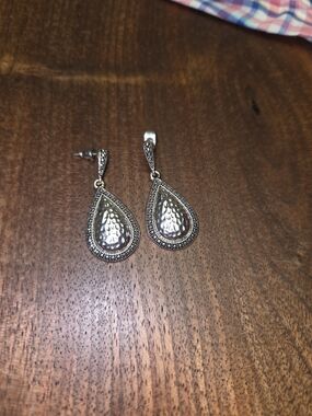 Silver Teardrop Dangle Earrings - Elegant Hammered Finish